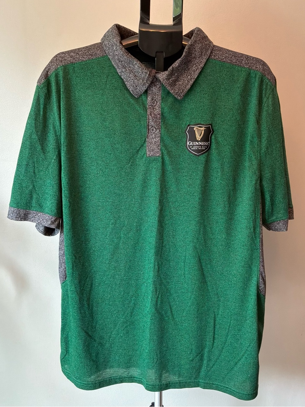 Guinness Dry Fit Performance Green Polo with Gray Trim and Crest XL